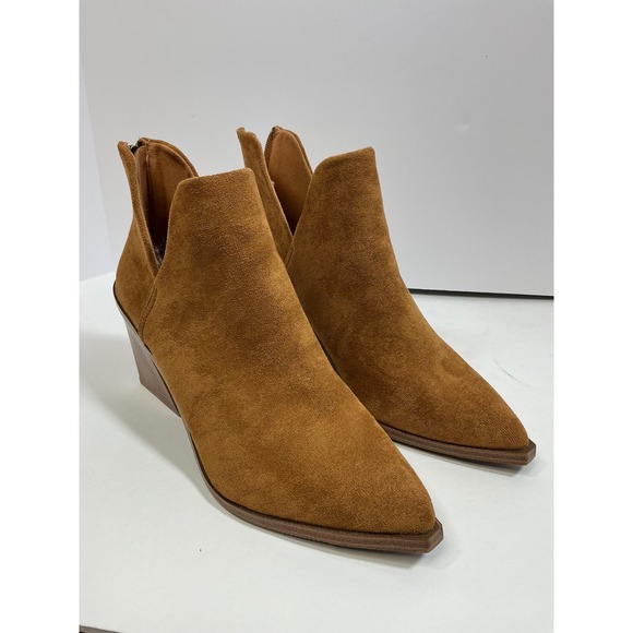 Shoeland Shoes - Mingo Wedge Heel Booties V Cut‎ Ankle Boots Pointed Toe Brown Faux Suede Size 9